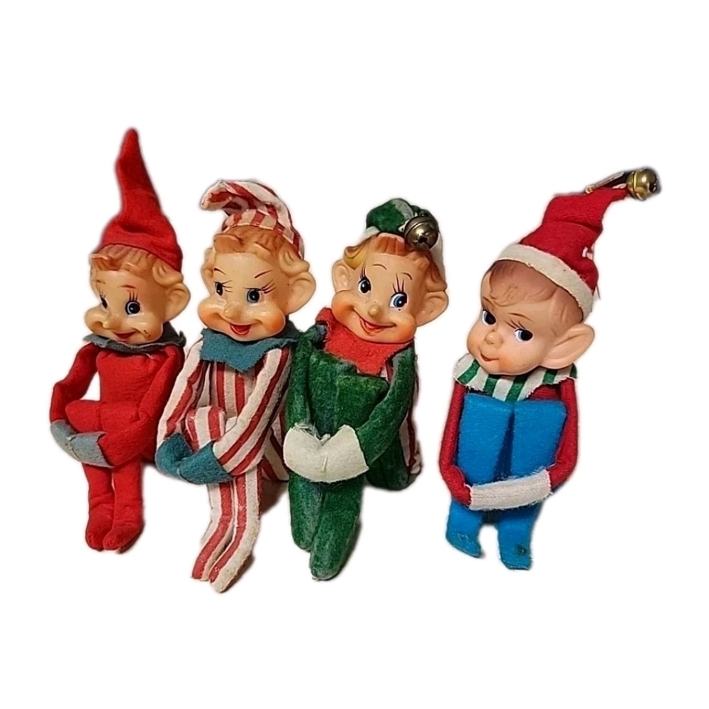 🎈SOLD🎈Vtg Set 4 Knee Hugger Pixie Elf 12" Christmas Ornaments Shelf Sitters - Picture 13 of 13